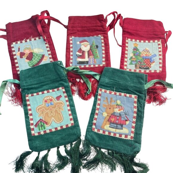 Lot 5 Vintage Corduroy Christmas Gift Bags u 7 x 4 Drawstring Closure Red Green - Picture 1 of 4